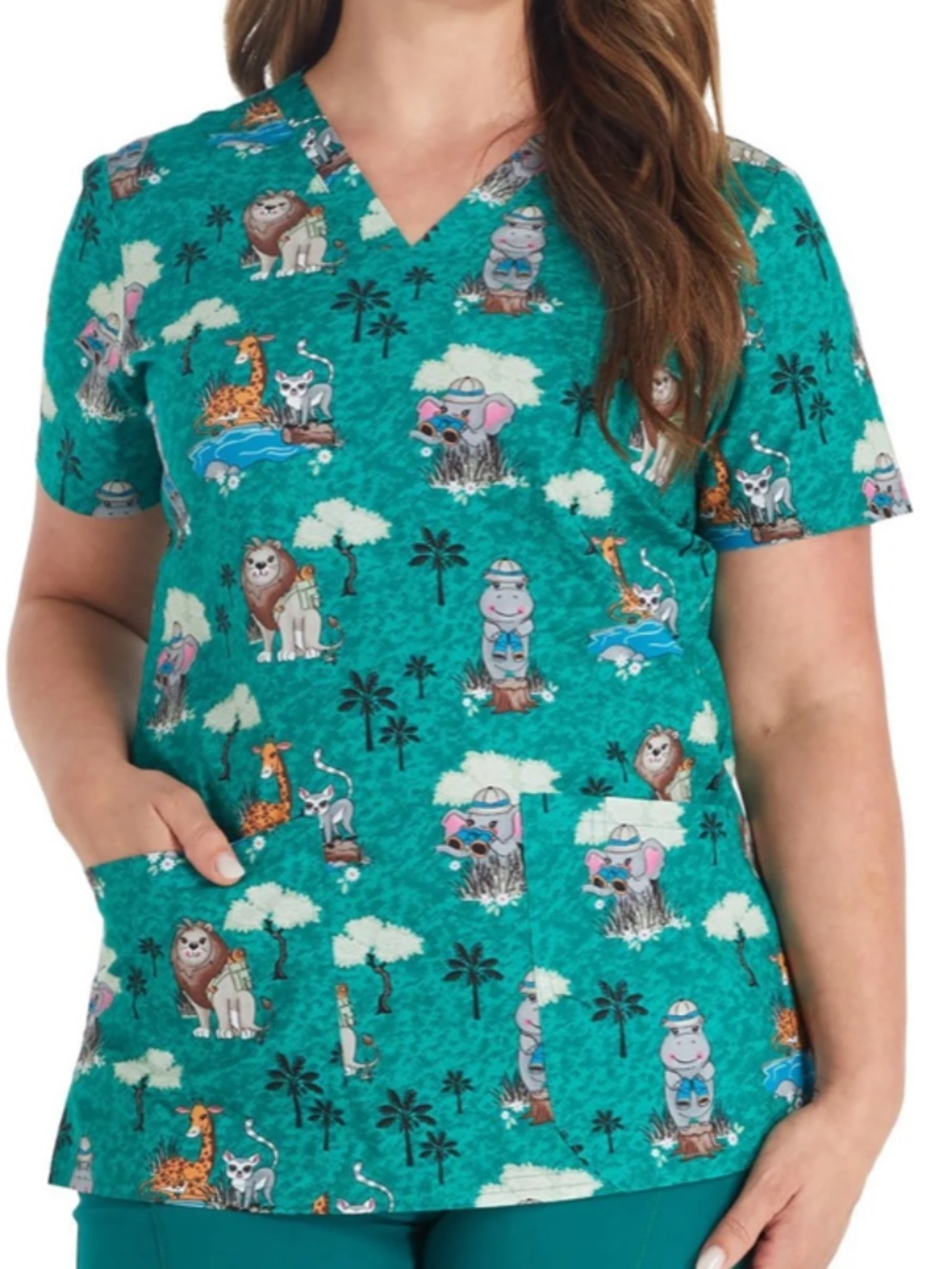 Safari Fun Cherokee Animal Print V Neck Scrub Top